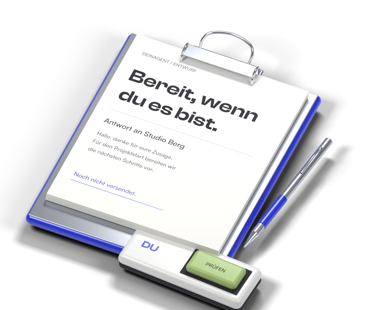 Ein Antwortentwurf auf einem blauen Prüfbrett. Neben dem Stift liegt eine eigene Taste zum bewussten Prüfen.